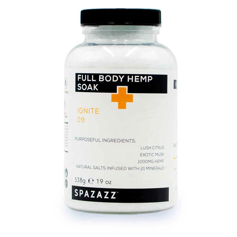 SPAZAZZ- IGNITE 09- LUSH CITRUS, EXOTIC MUSK, 1000mg HEMP, NATURAL SALTS FULL BODY HEMP SOAK