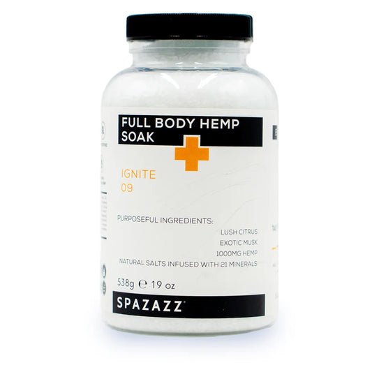 SPAZAZZ- IGNITE 09- LUSH CITRUS, EXOTIC MUSK, 1000mg HEMP, NATURAL SALTS FULL BODY HEMP SOAK