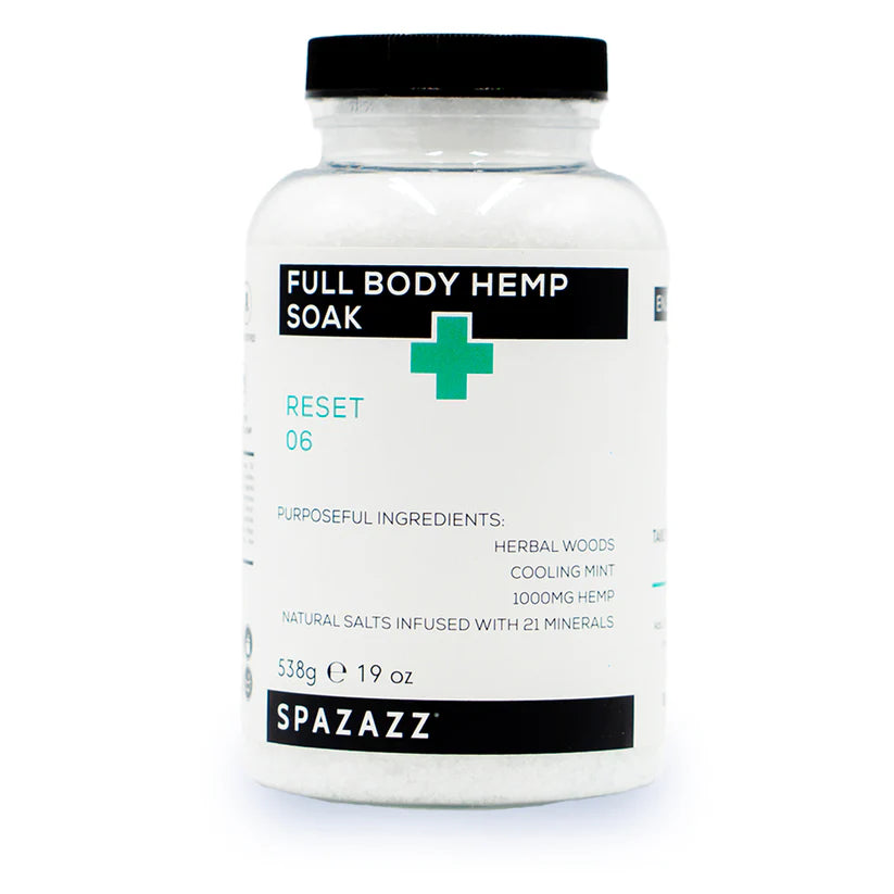 SPAZAZZ- RESET 06 - HERBAL WOODS, COOLING MINT, 1000mg HEMP, NATURAL SALTS FULL BODY HEMP SOAK