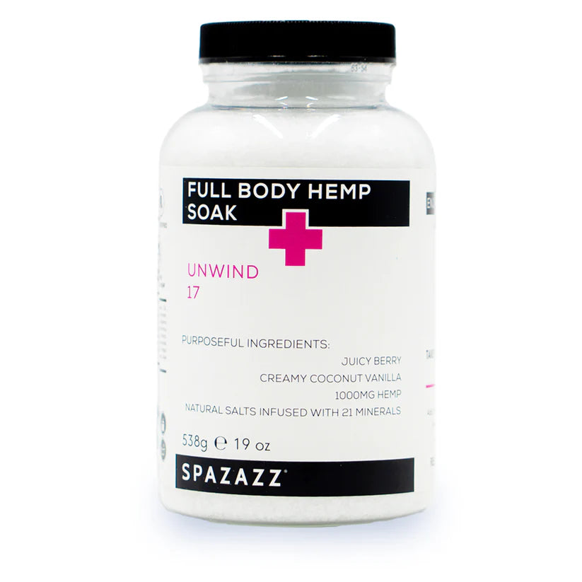 SPAZAZZ  - UNWIND 17 - JUICY BERRY, CREAMY COCONUT VANILLA, 1000mg HEMP, NATURAL SALTS FULL BODY HEMP SOAK