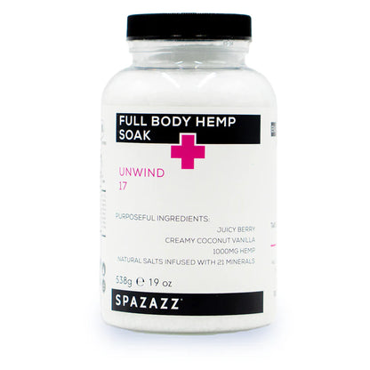 SPAZAZZ  - UNWIND 17 - JUICY BERRY, CREAMY COCONUT VANILLA, 1000mg HEMP, NATURAL SALTS FULL BODY HEMP SOAK