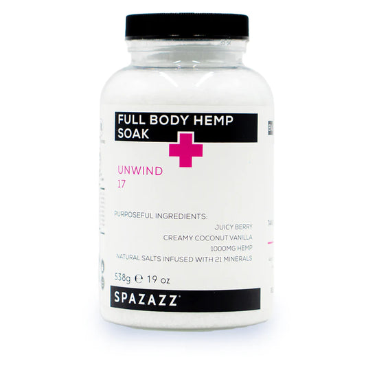SPAZAZZ  - UNWIND 17 - JUICY BERRY, CREAMY COCONUT VANILLA, 1000mg HEMP, NATURAL SALTS FULL BODY HEMP SOAK