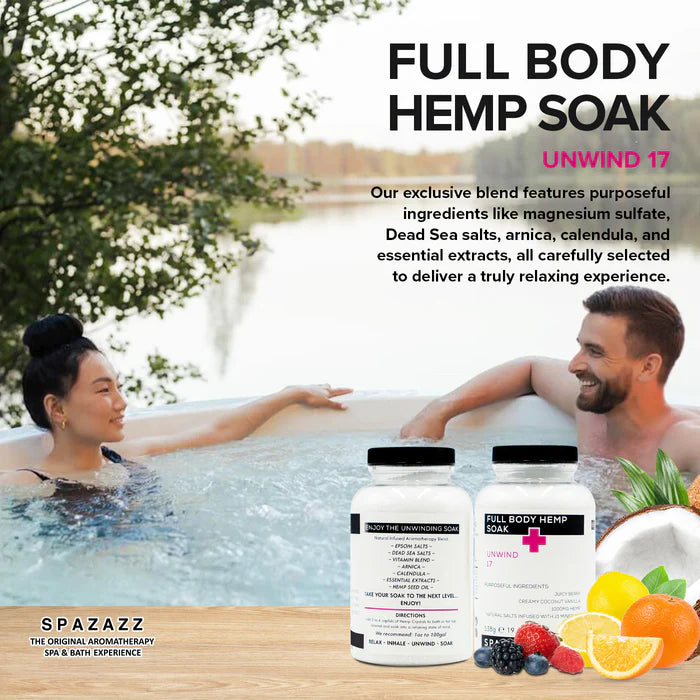 SPAZAZZ  - UNWIND 17 - JUICY BERRY, CREAMY COCONUT VANILLA, 1000mg HEMP, NATURAL SALTS FULL BODY HEMP SOAK