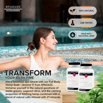 SPAZAZZ  - UNWIND 17 - JUICY BERRY, CREAMY COCONUT VANILLA, 1000mg HEMP, NATURAL SALTS FULL BODY HEMP SOAK