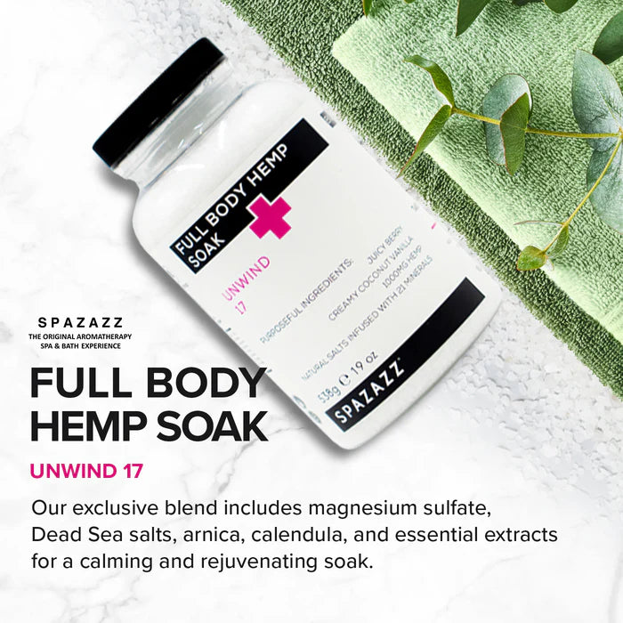 SPAZAZZ  - UNWIND 17 - JUICY BERRY, CREAMY COCONUT VANILLA, 1000mg HEMP, NATURAL SALTS FULL BODY HEMP SOAK