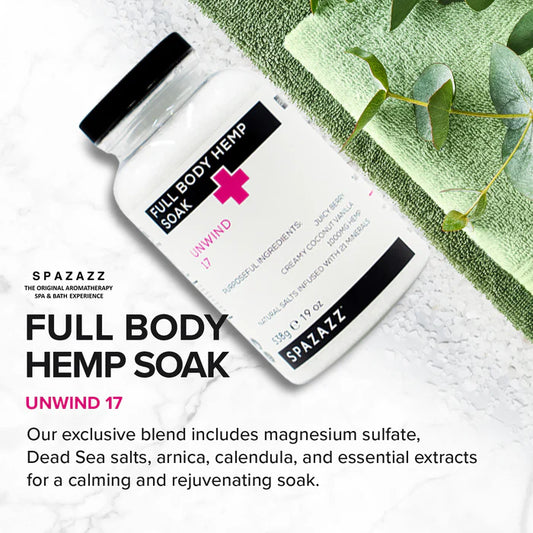 SPAZAZZ  - UNWIND 17 - JUICY BERRY, CREAMY COCONUT VANILLA, 1000mg HEMP, NATURAL SALTS FULL BODY HEMP SOAK